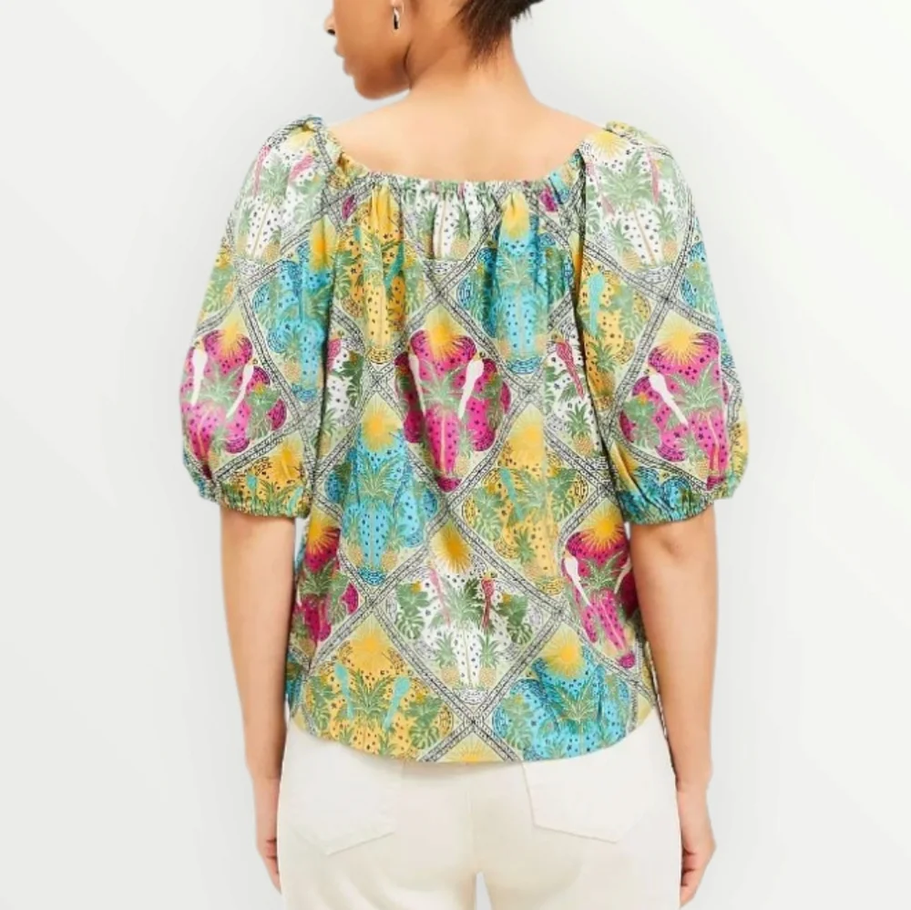 LOFT XL Puff Sleeve Square Neck Top Tropical Print Multicolor Boho Blouse Cotton